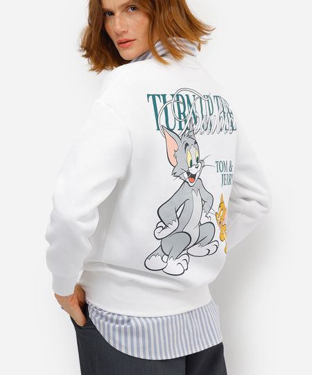 blusão feminino de moletom felpado tom e jerry off white PP