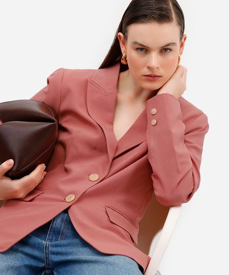 blazer de alfaiataria feminino acinturado texturizado - rosê P