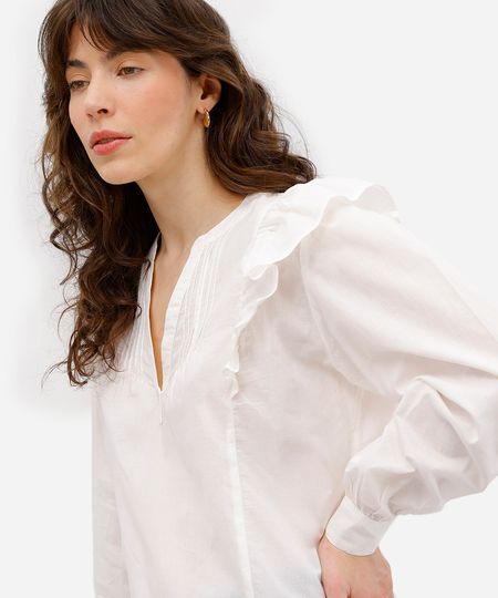 bata feminina de algodão com babados - off white G