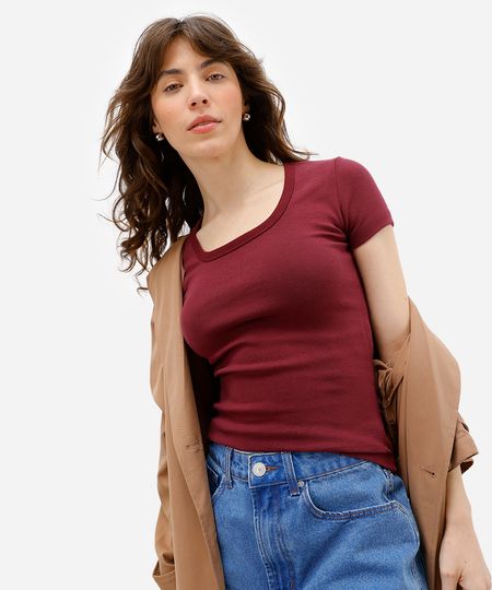 blusa baby look feminina básica de algodão vinho G