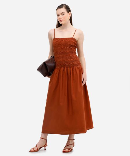 vestido midi de algodão alça fina franzido marrom P