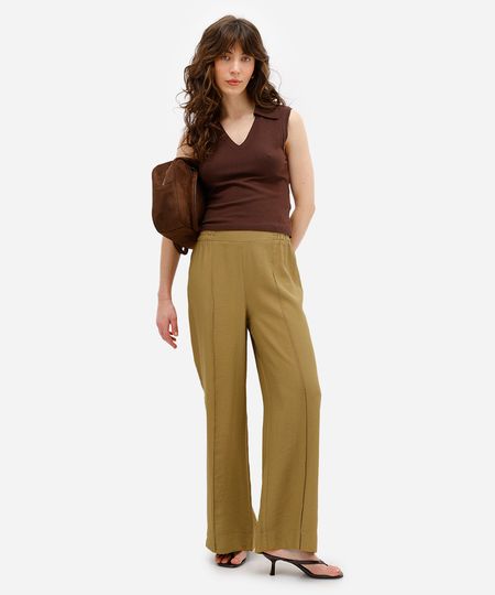 calça wide leg feminina de viscose com nervura verde M calça wide leg feminina de viscose com nervura verde M