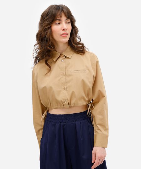 camisa cropped feminina de algodão com amarração bege PP camisa cropped feminina de algodão com amarração bege PP