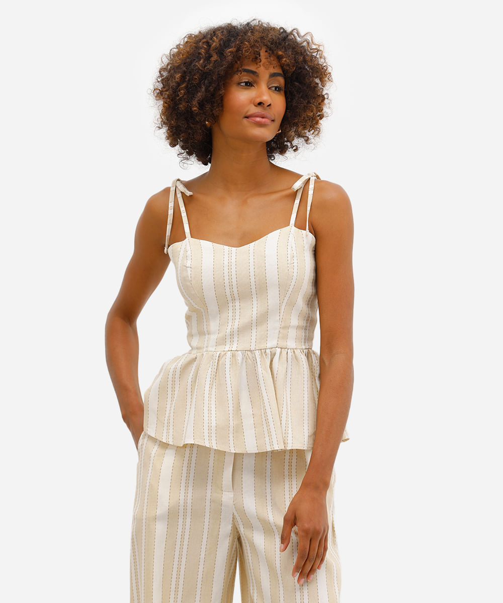 bata feminina com linho e amarração listrada off white