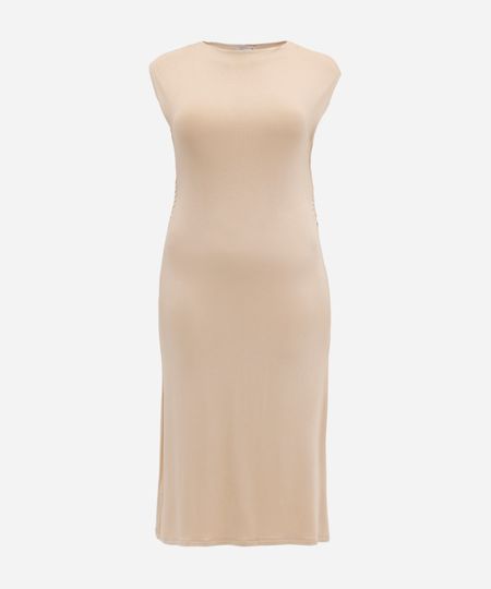 vestido feminino midi de viscose manga japonesa plus size bege GG3