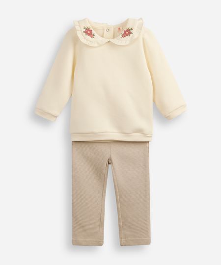 conjunto longo infantil gola peter pan floral off white 12-18 conjunto longo infantil gola peter pan floral off white 12-18