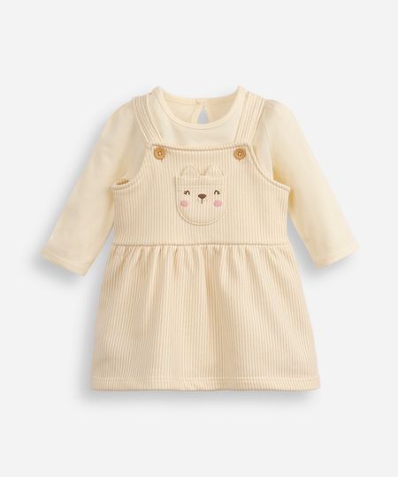 salopete de algodão infantil com body gatinha bege 12-18 salopete de algodão infantil com body gatinha bege 12-18