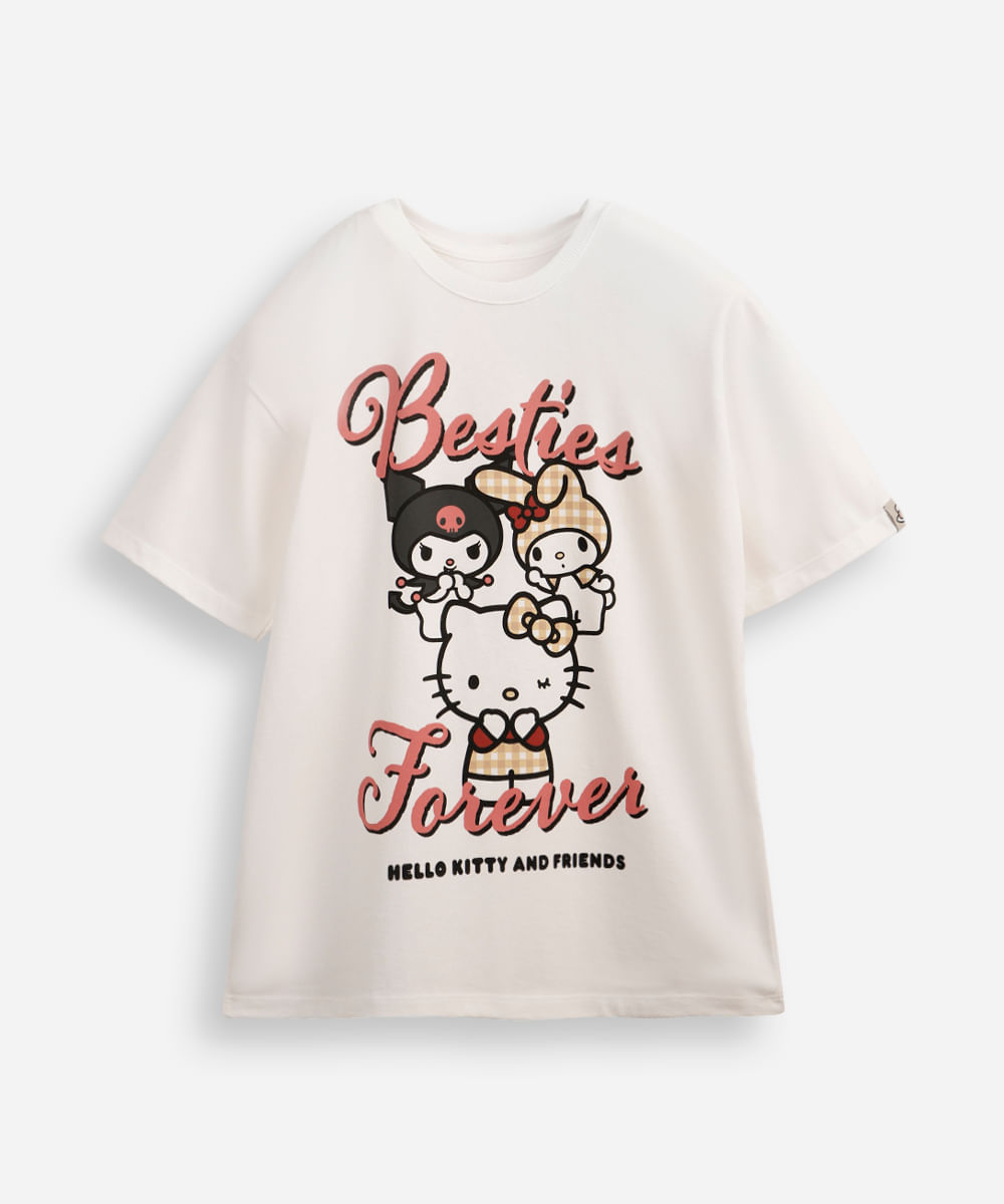 camiseta oversized juvenil de algodão hello kitty e amigos off white