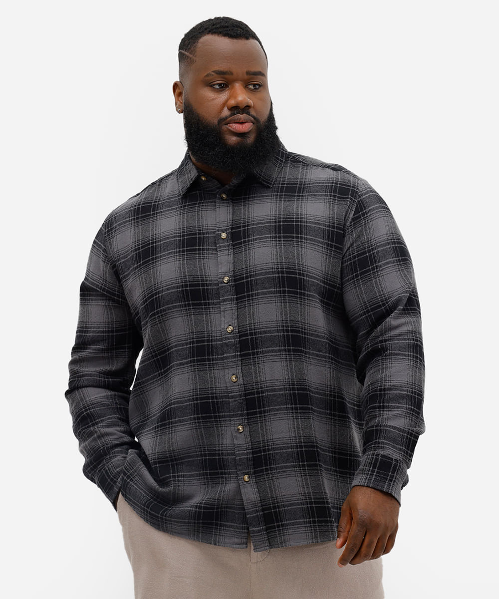 camisa masculina xadrez flanelada plus size cinza