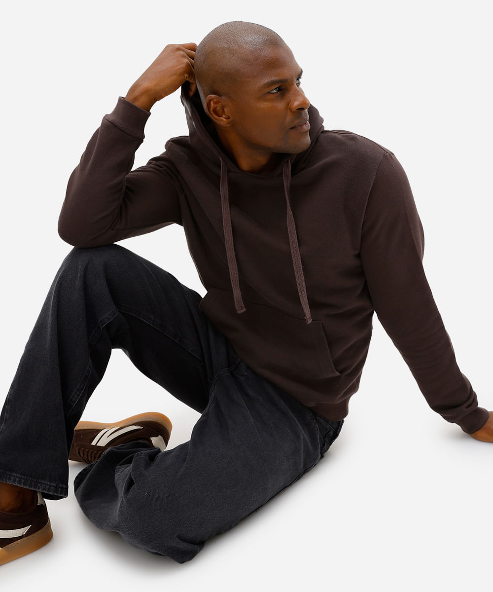 blusão masculino de moletom felpado com capuz marrom