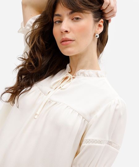 bata feminina manga bufante texturizada bege P