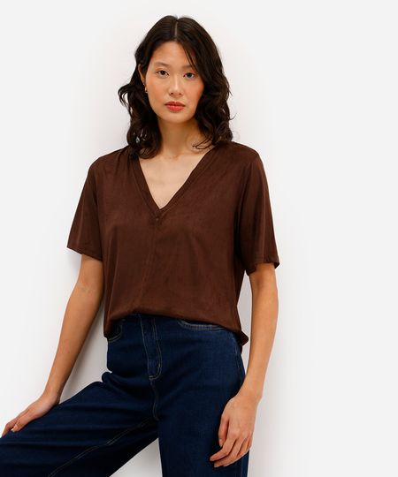 blusa feminina de suede decote v marrom PP blusa feminina de suede decote v marrom PP