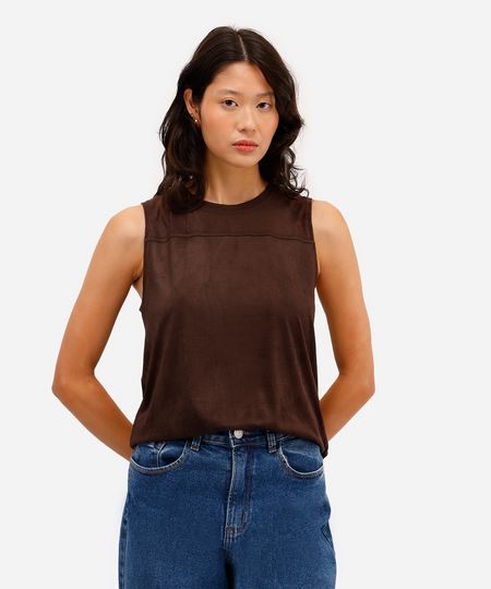 regata feminina de suede com recorte marrom P regata feminina de suede com recorte marrom P