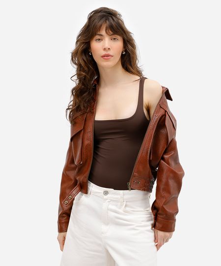 body feminino de poliamida decote quadrado marrom G