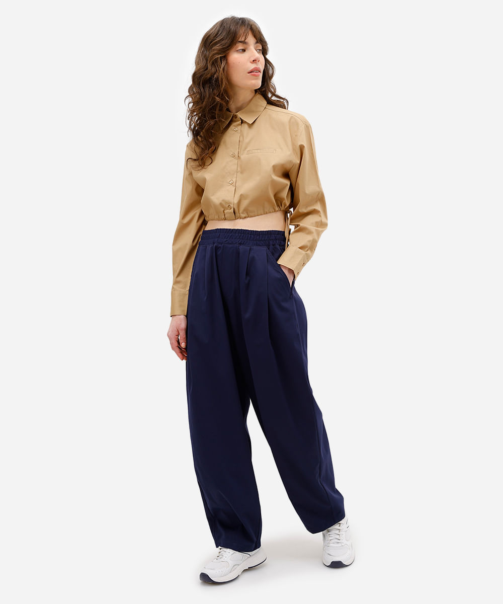 calça barrel feminina com pregas cós elástico azul