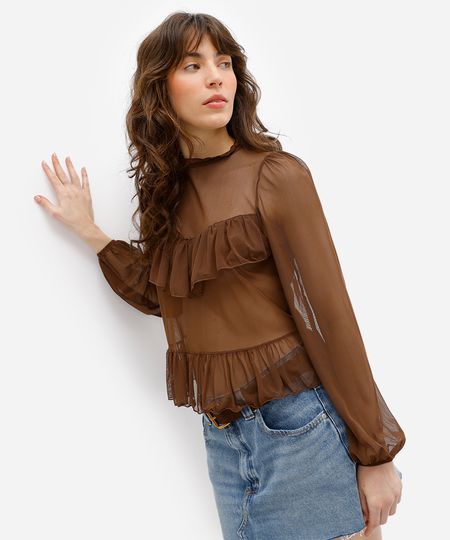 bata feminina de tule manga bufante com babados marrom M bata feminina de tule manga bufante com babados marrom M