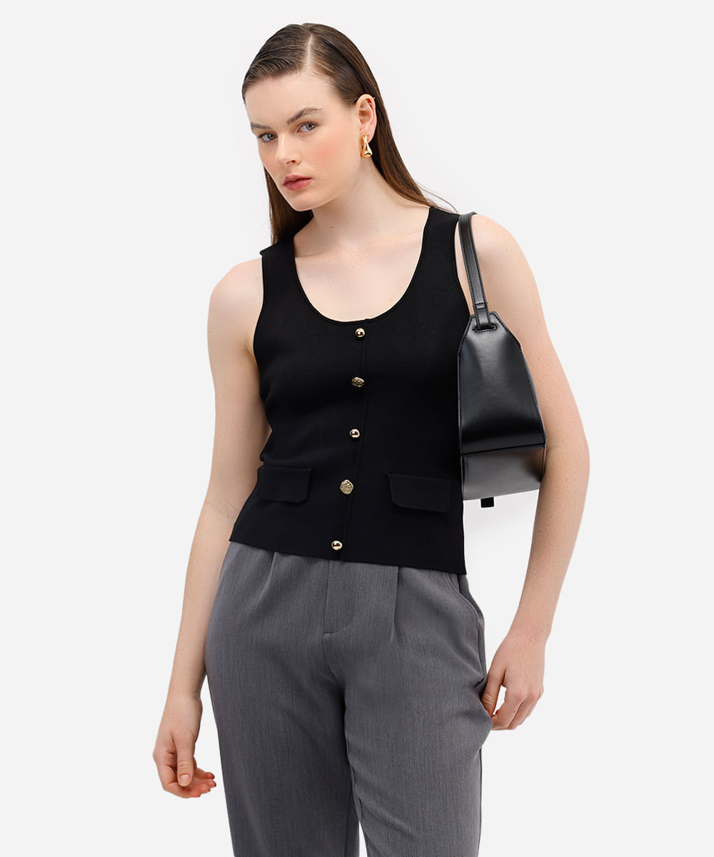colete feminino de tricot com botões preto