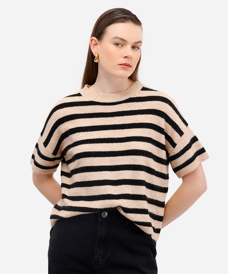 blusa feminina de tricot listrada com lã preta GG