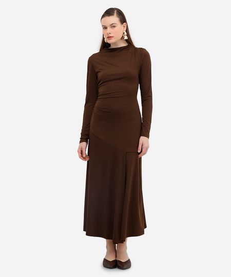 vestido midi feminino manga longa franzido marrom G vestido midi feminino manga longa franzido marrom G