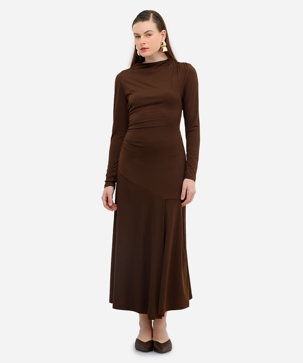 vestido midi feminino manga longa franzido marrom