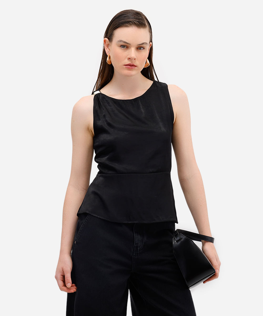 regata feminina acetinada com recorte preta