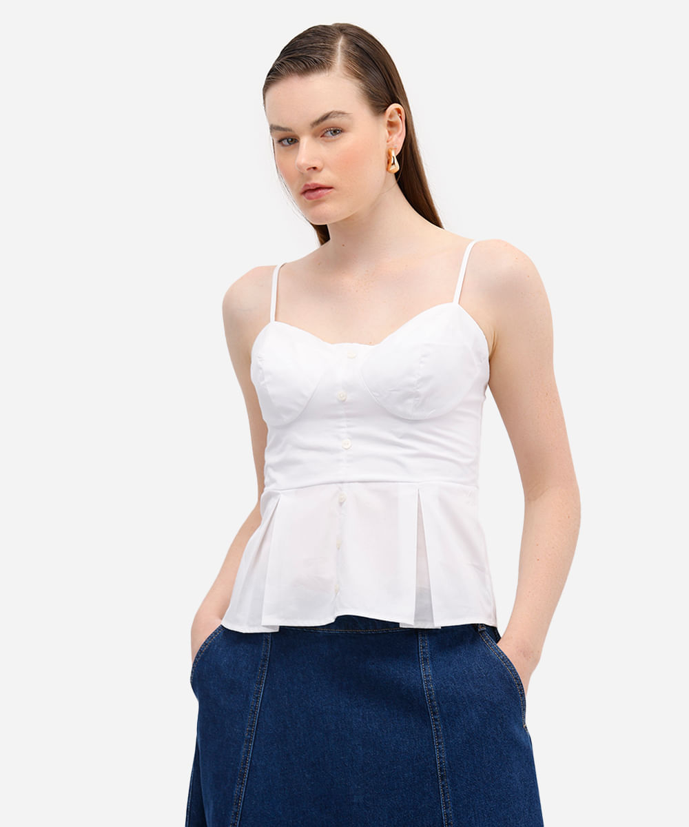 regata peplum feminina de algodão com pregas off white