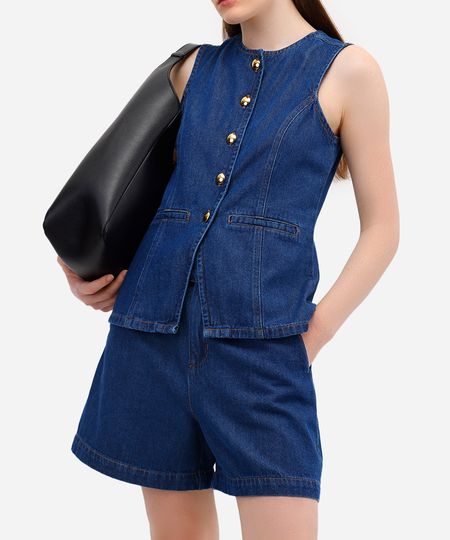 bermuda feminina jeans cintura alta azul 44