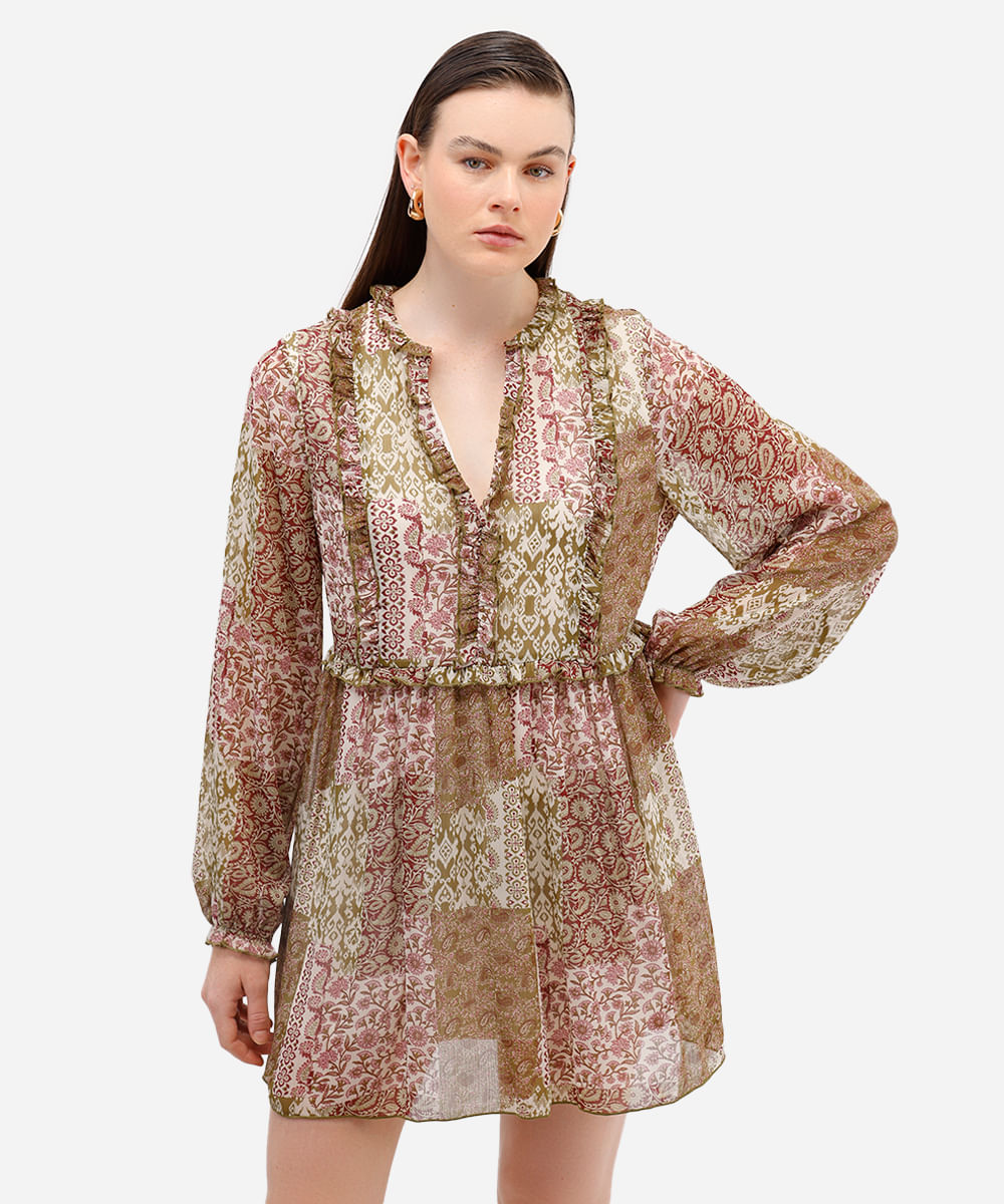 vestido curto texturizado floral com babados bege