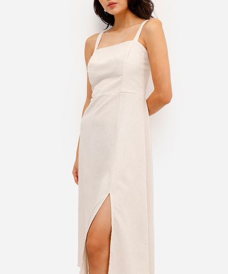 vestido midi feminino com linho decote quadrado bege GG
