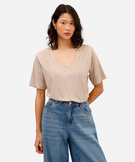 blusa feminina de suede decote v bege M blusa feminina de suede decote v bege M