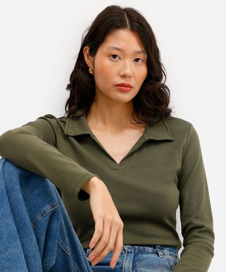 polo básica feminina de algodão manga longa verde PP