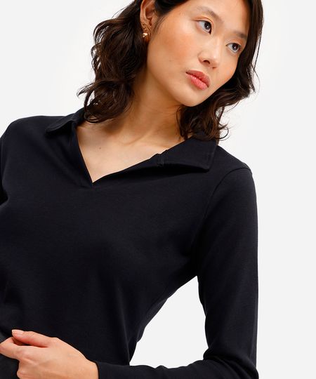 polo básica feminina de algodão manga longa preta PP