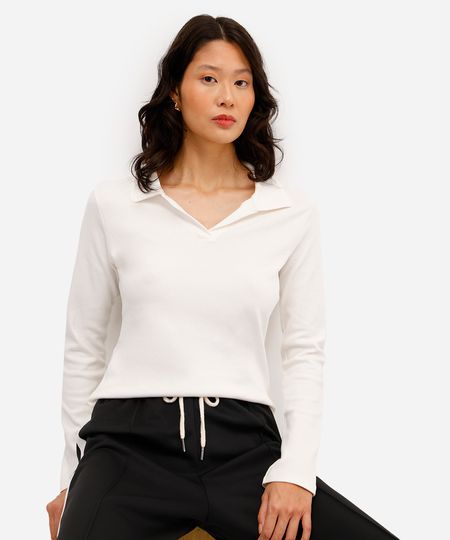 polo básica feminina de algodão manga longa off white P
