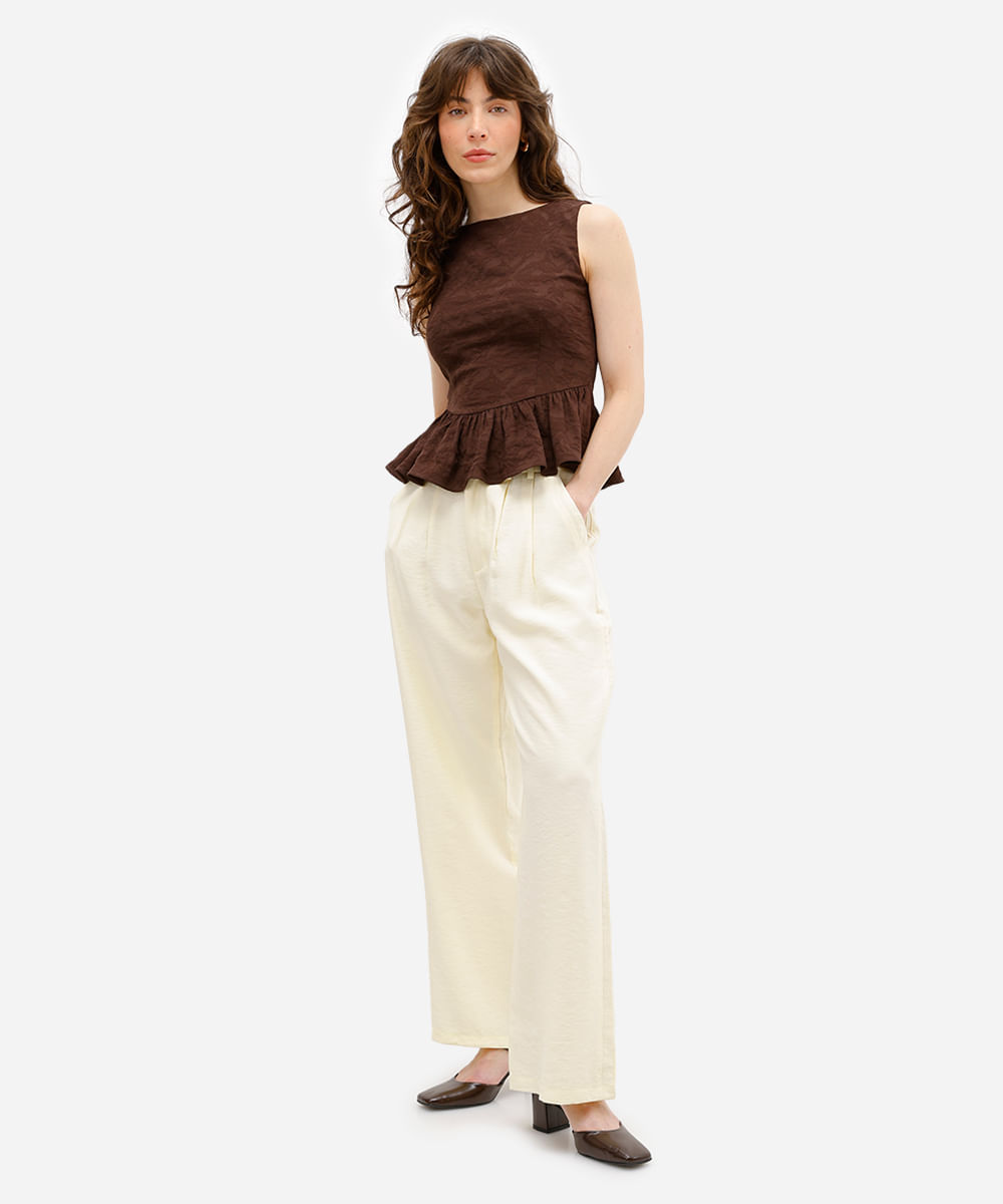 calça wide leg feminina de viscose texturizada amarela