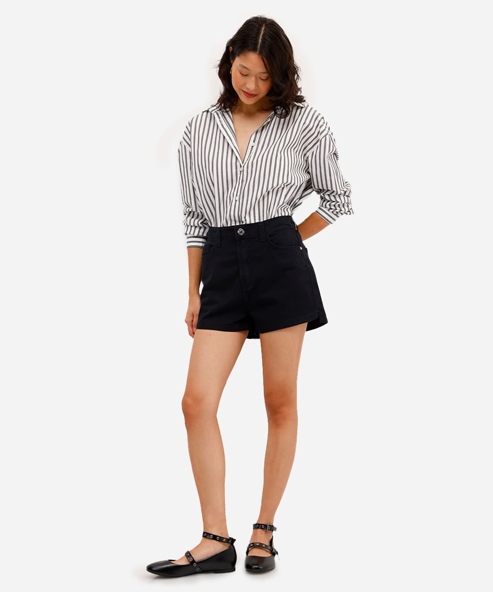 short mom feminino jeans cós elástico preto