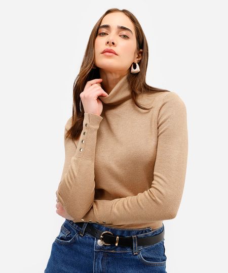 blusa feminina gola alta manga longa botões bege P blusa feminina gola alta manga longa botões bege P