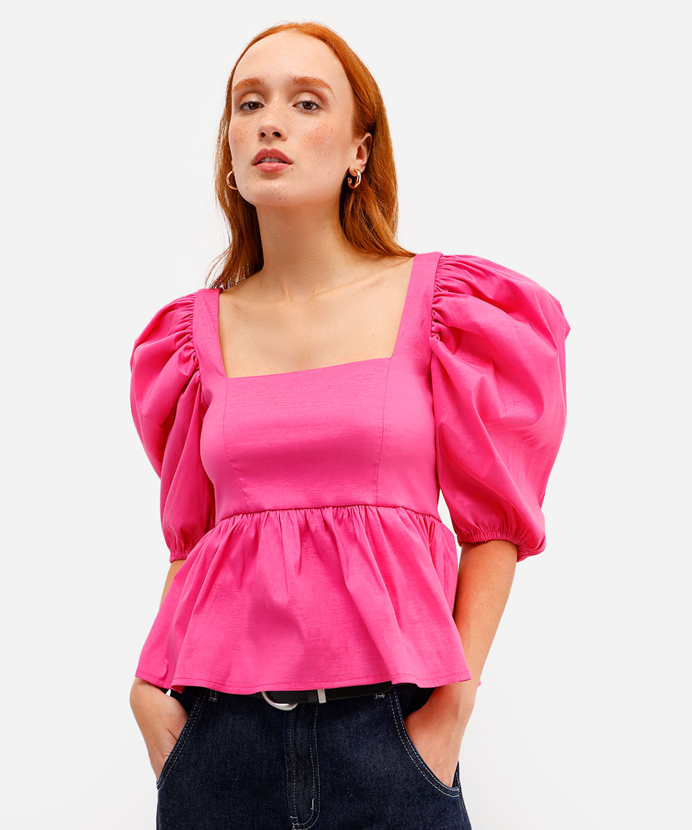 blusa peplum feminina manga bufante rosa