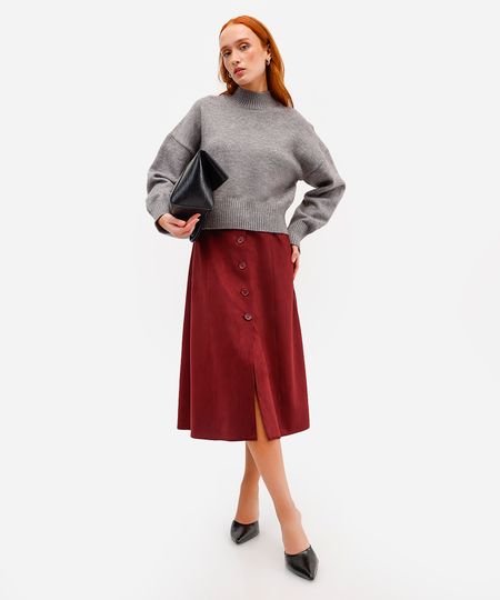 saia midi feminina de suede com fenda vinho 36