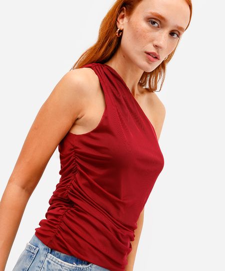 blusa ombro único feminina de tule franzida vinho G blusa ombro único feminina de tule franzida vinho G