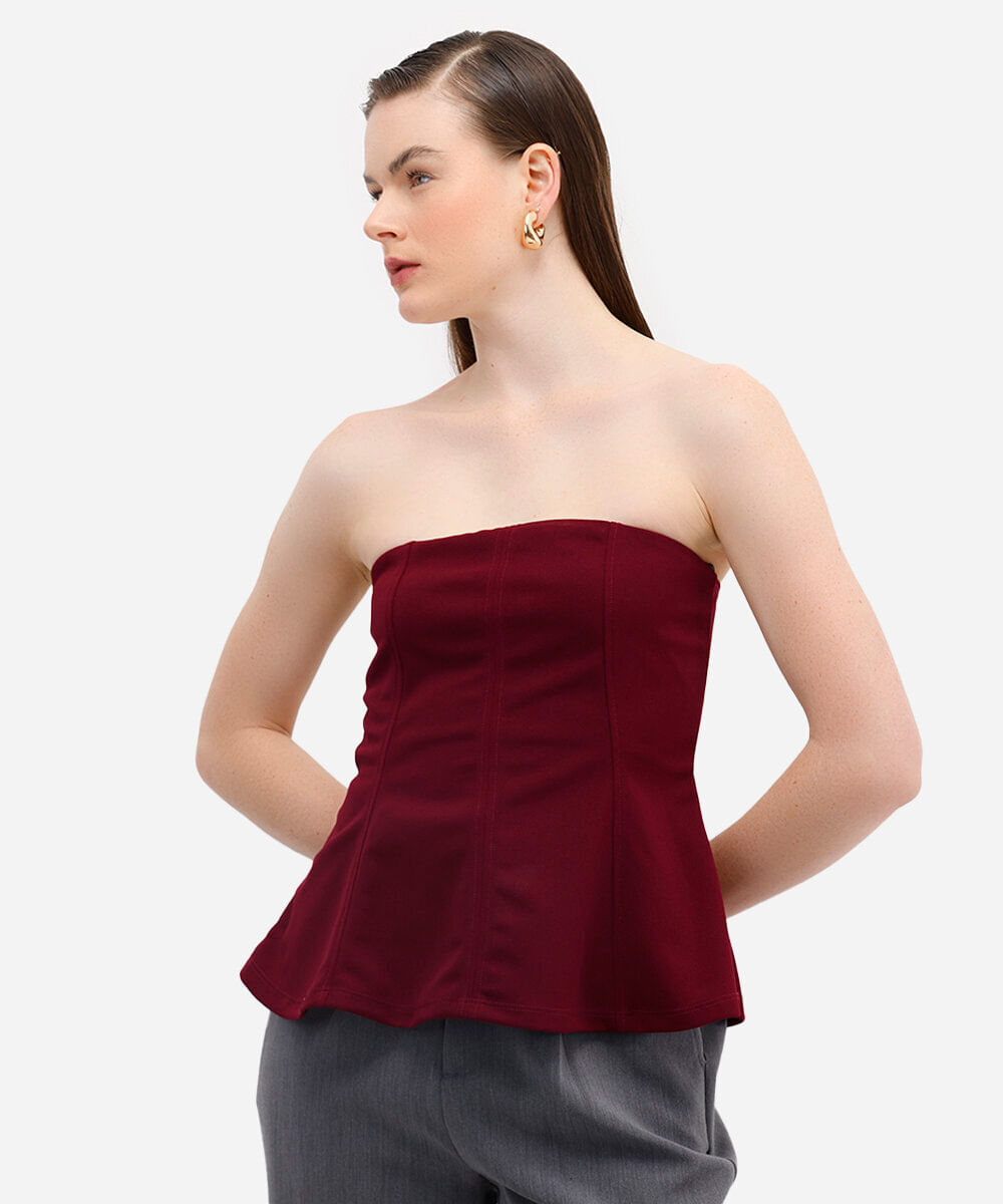 blusa peplum feminina sem alça texturizada vinho