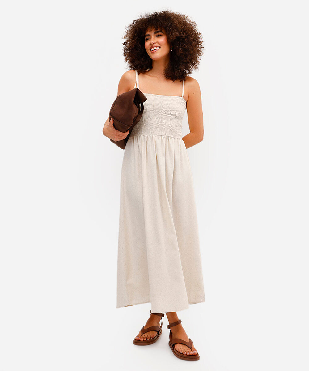 vestido longo feminino alça fina com linho franzido bege