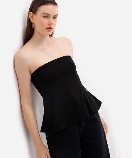 blusa peplum feminina sem alça texturizada preta M blusa peplum feminina sem alça texturizada preta M