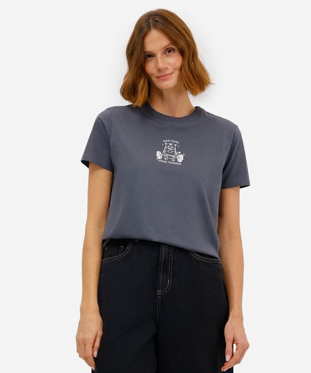 camiseta feminina de algodão estampada cinza P
