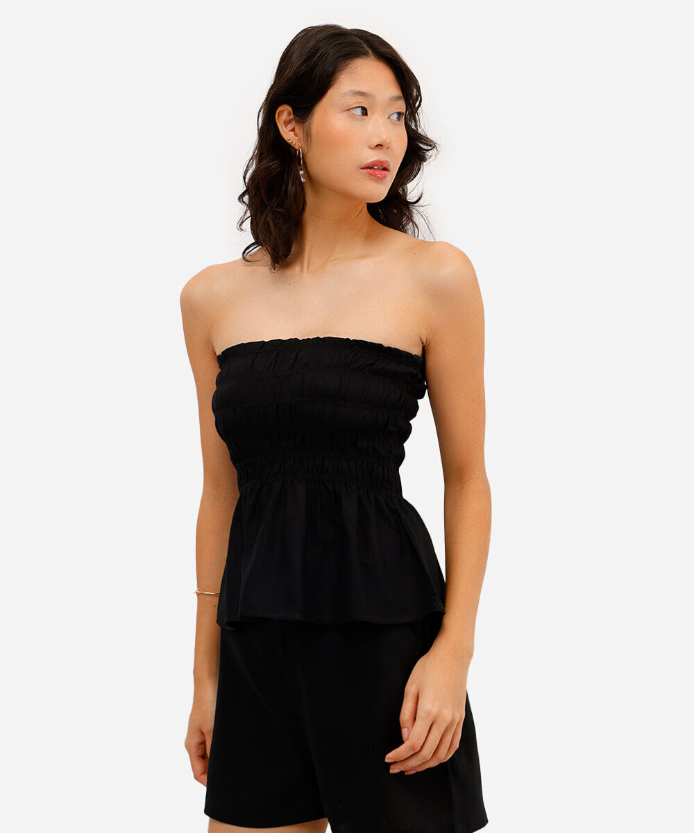 blusa sem alça feminina com linho franzida preta