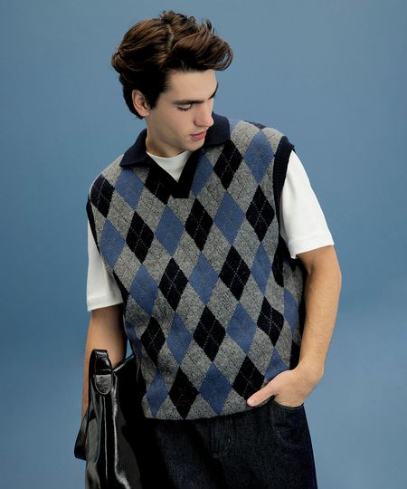 colete masculino de tricot com gola xadrez azul M