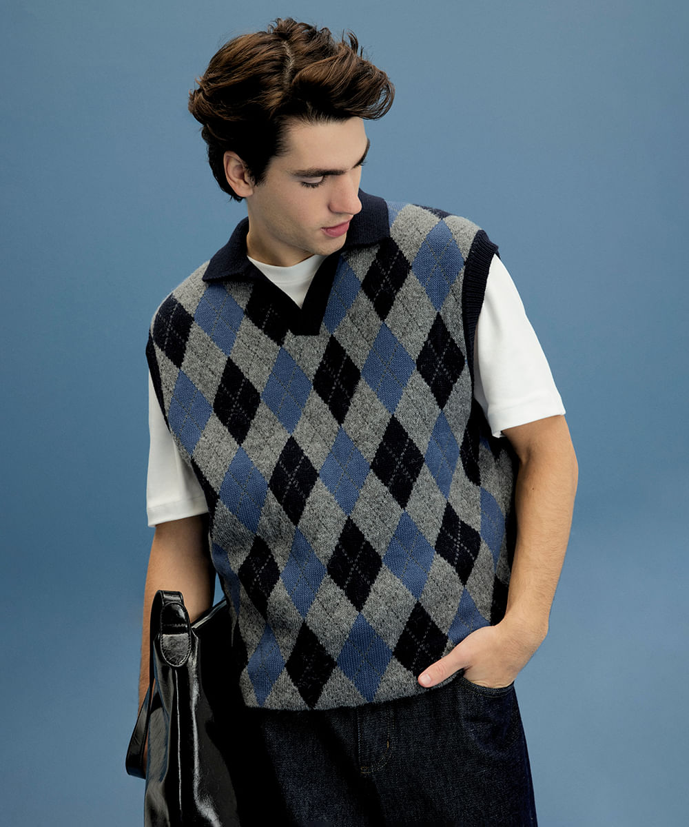 colete masculino de tricot com gola xadrez azul