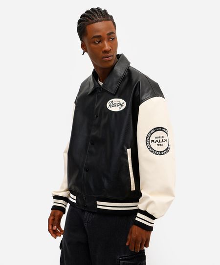 jaqueta college masculina de poliuretano bordada preta M jaqueta college masculina de poliuretano bordada preta M