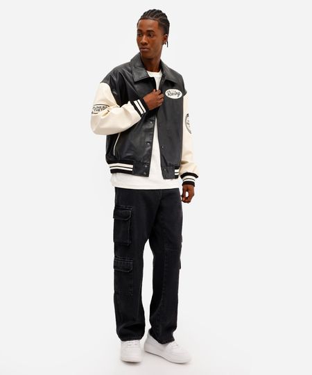 calça baggy masculina jeans com bolsos cargo preta 36