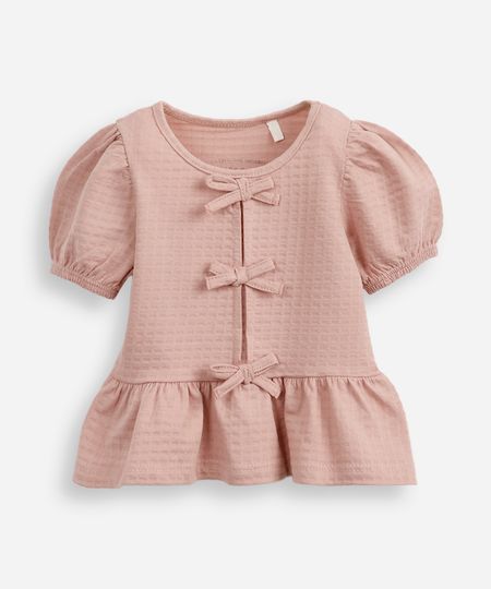 blusa de algodão infantil com lacinho texturizada rosa 2