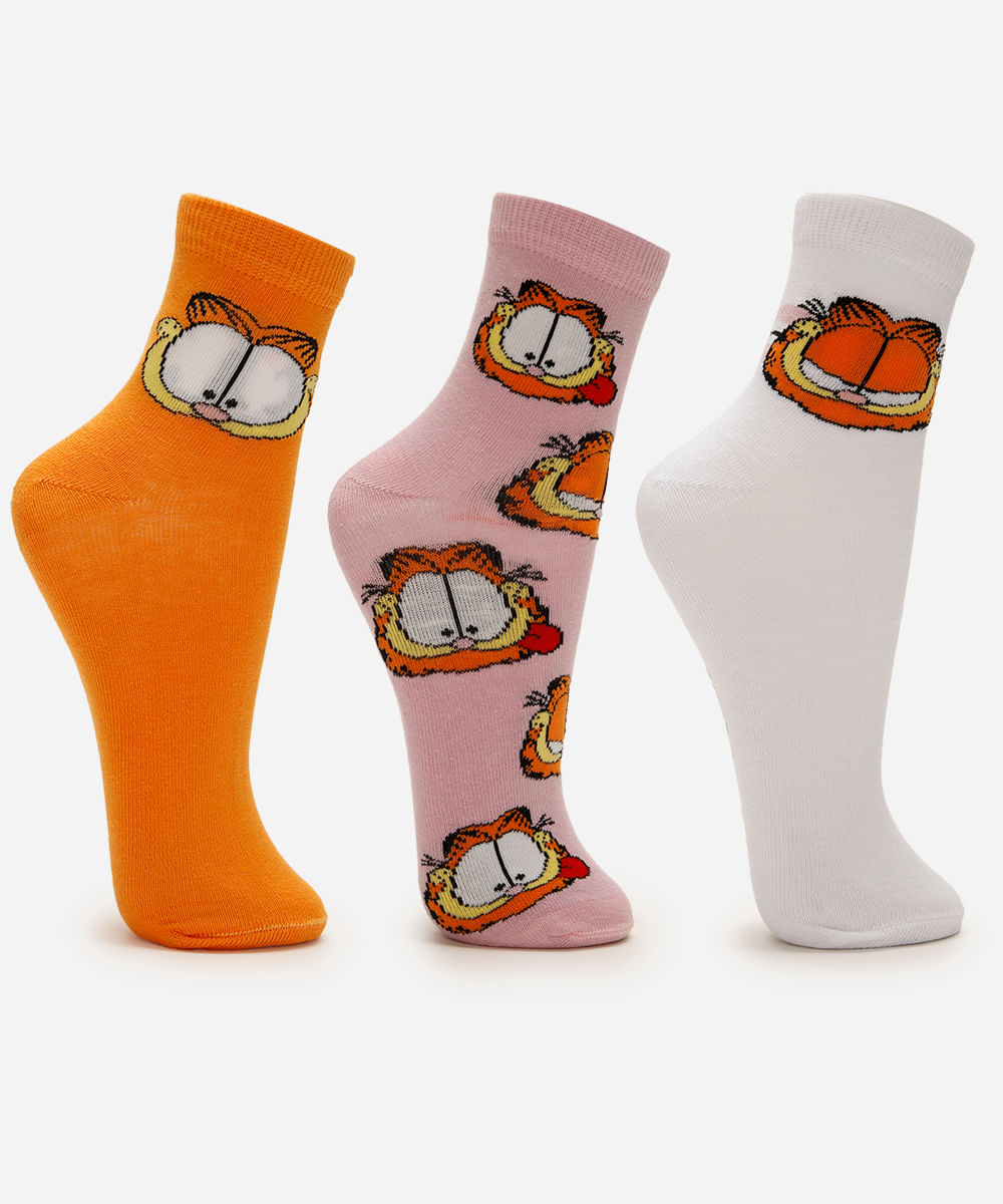 kit de 3 meias cano médio garfield colorida
